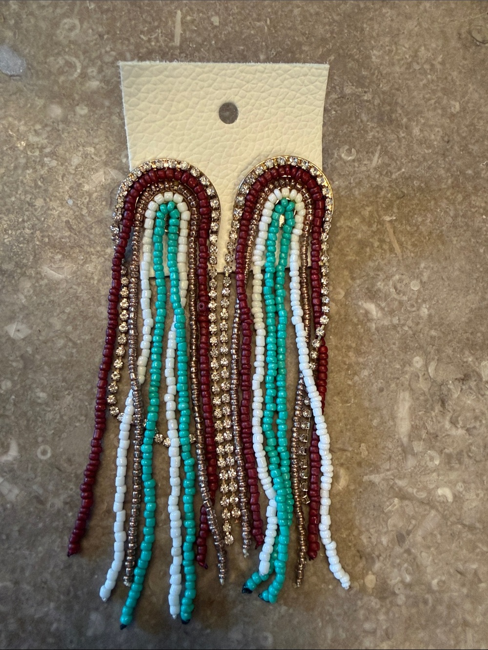 Free People Multicolor Beaded Fringe Earrings - Turquoise, White & Burgundy